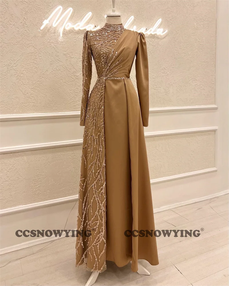 Fashion Appliques Beaded Long Sleeve Muslim Evening Dresses Islamic Formal Party Gowns High Neck Women Arabic Robes De Soirée