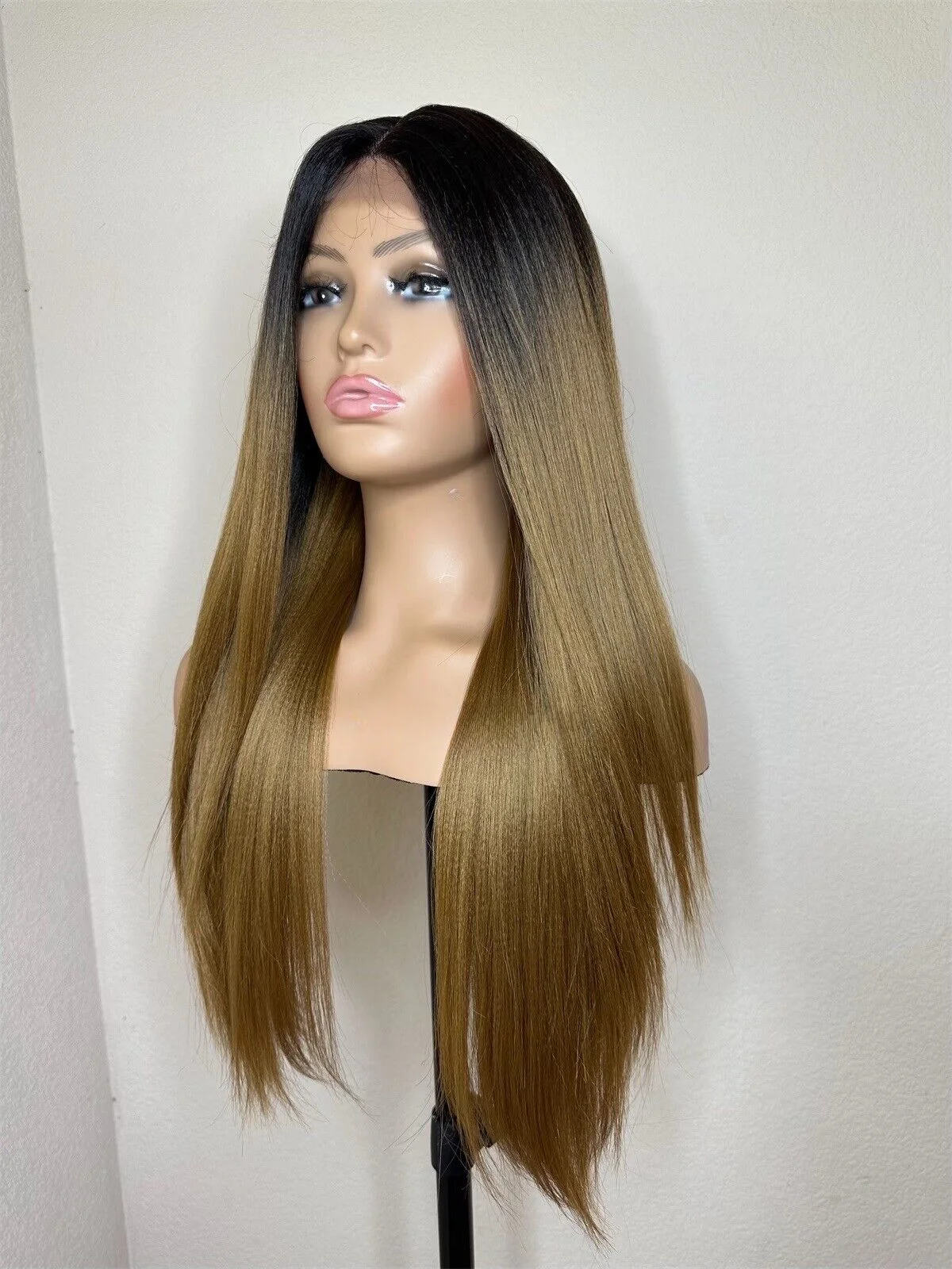 Honey Blonde Synthetic Wig 24 Inch Long Straight Ombre Dark Brown Lace Front Middle Part