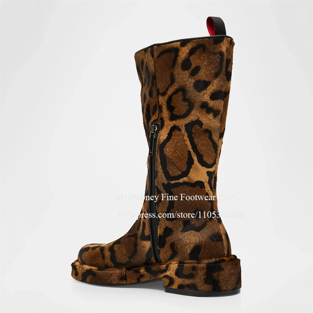 Leopard Print Calf Hair Side Zipper Chunky Heel Men Mid Calf Boots Round Toe Bold Statement Leg Boots Streetwear Casual Boots