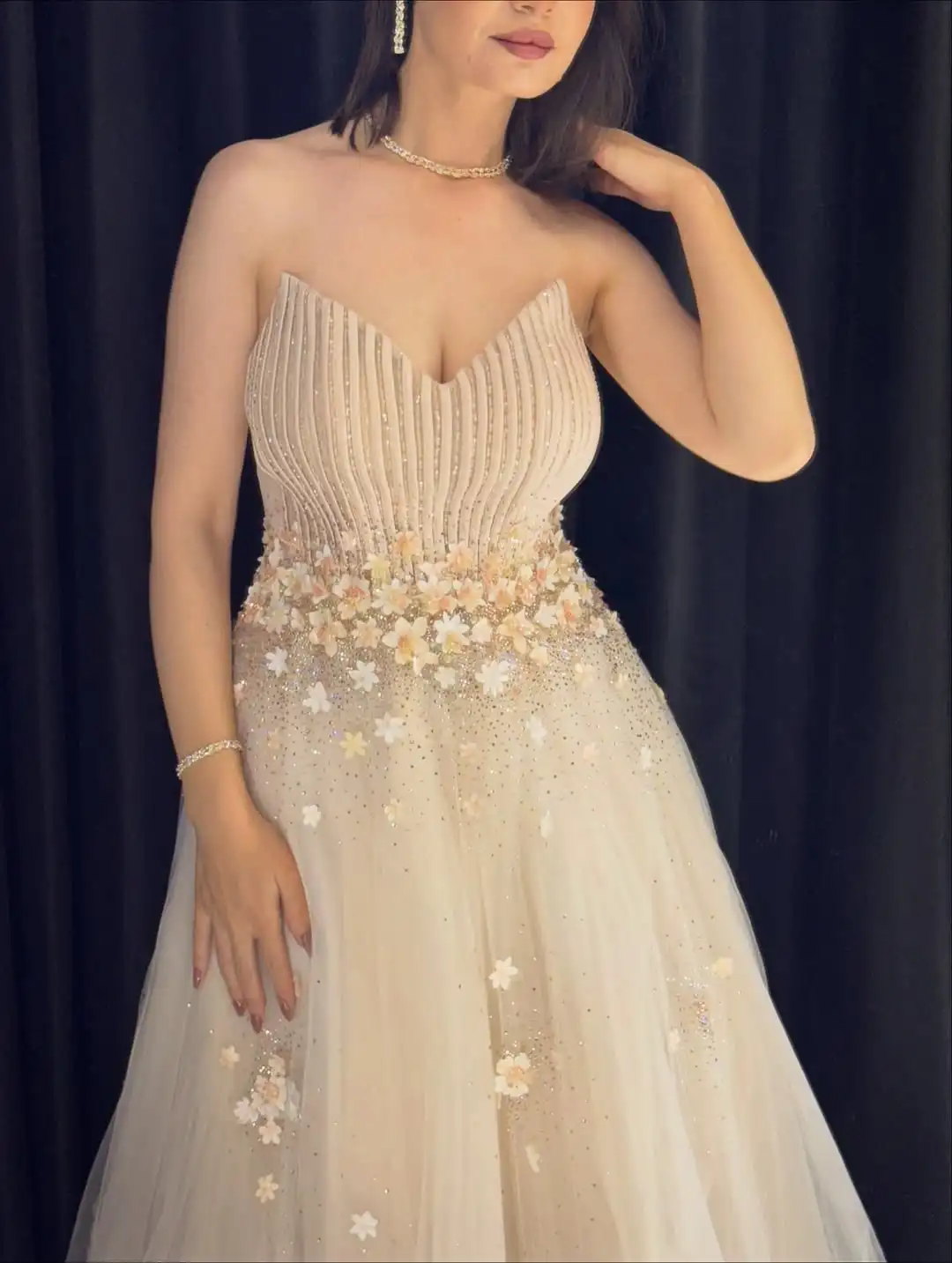 

New Luxury Charming Sweetheart Sexy Evening Dress Sequins 3D Flowers Tiered Tulle Puffy Ball Gown Formal Party Dress