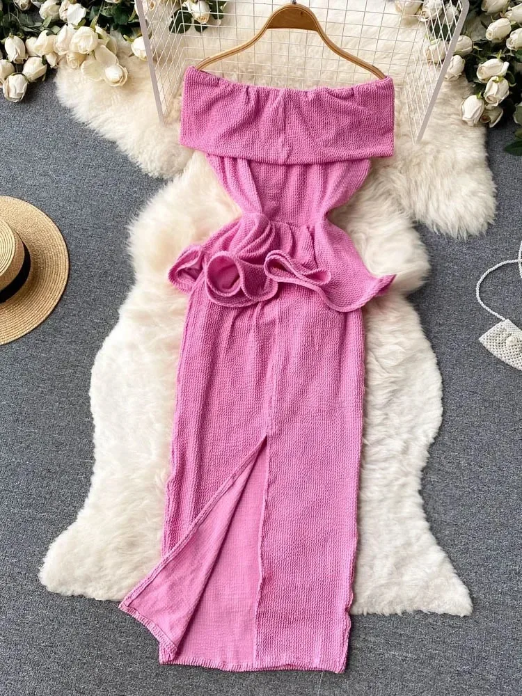 Verão feminino sexy uma palavra pescoço fora do ombro vestido fino em camadas meados de comprimento babados cintura magro aniversário temperamento vestido d1341