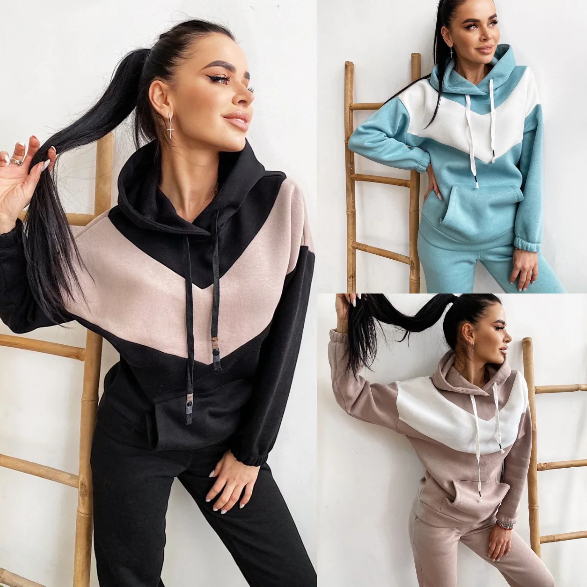 Fashion Color Matching Long Sleeved Hoodie Women\'s Suit Autumn Winter New Simple Pocket Hoodie Casual Sports Pants 2 Piece Set