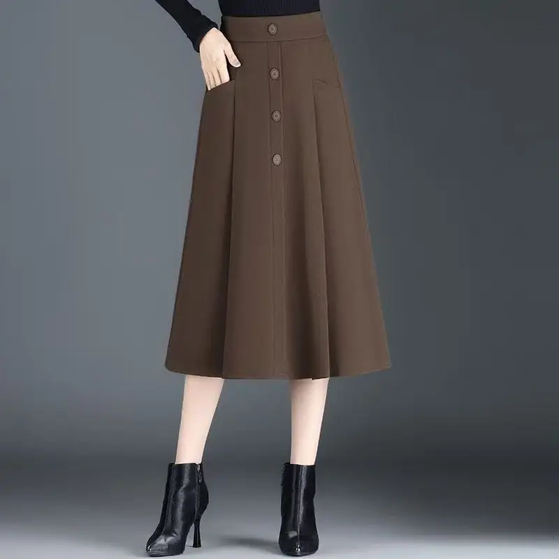

New Autumn and Winter Mid-length Women's Elastic Half-body A-line Button Pocket Fashionable Solid Color Pleated Skirts
