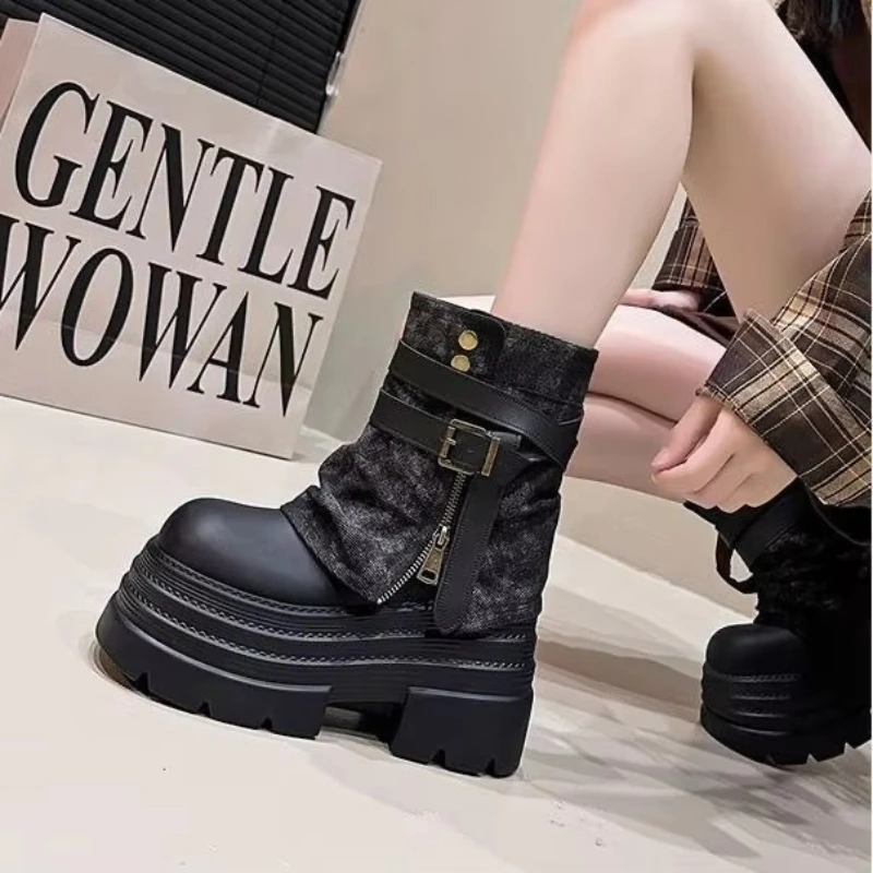 10CM Autumn Chunky Short Boots Women High Heels Fashion 2026 Winter Mid Calf Leather Sneakers Trend Belt Buckle Motorcycle Boots