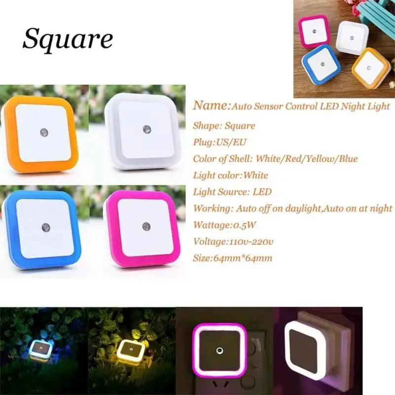 Mini LED Night Light EU/US Plug In Dusk To Dawn Sensor Wall Nights Lamp Square For Bedroom Hallway Stairs Corridor 220V 110V