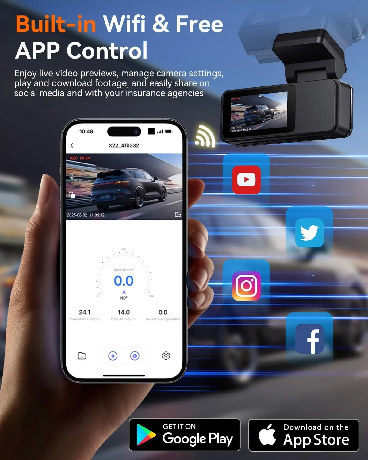 كاميرا داش خلفية 4K و3K+1080P، واي فاي، رؤية ليلية، وضع وقوف السيارات 24 ساعة، التحكم في التطبيق، بطاقة 64 جيجابايت مجانية