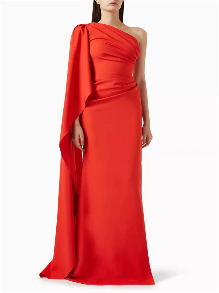 Hot Selling One Shoulder Neckline Single Cape Sleeve Straight Evening Dress Elegant Back Zipper Floor Length Gown For Women 2024