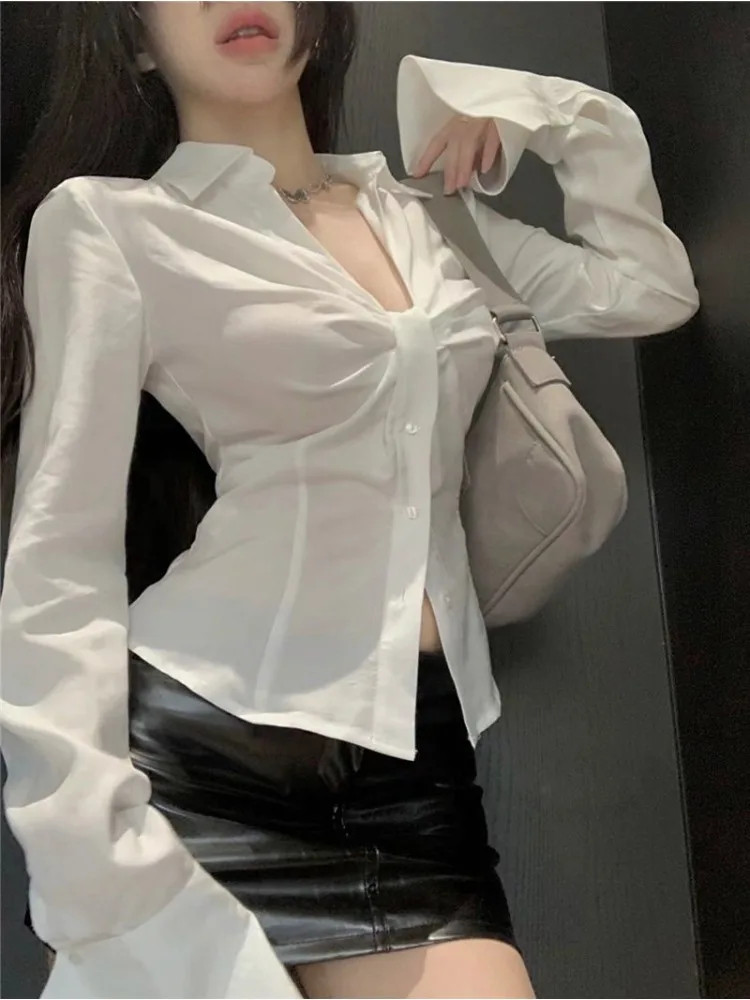 Sexy V-neck White Blouses Women Hotsweet Flare Sleeve Korean Fashion Slim Shirts Crop Transparent Tops Chic Aesthetic