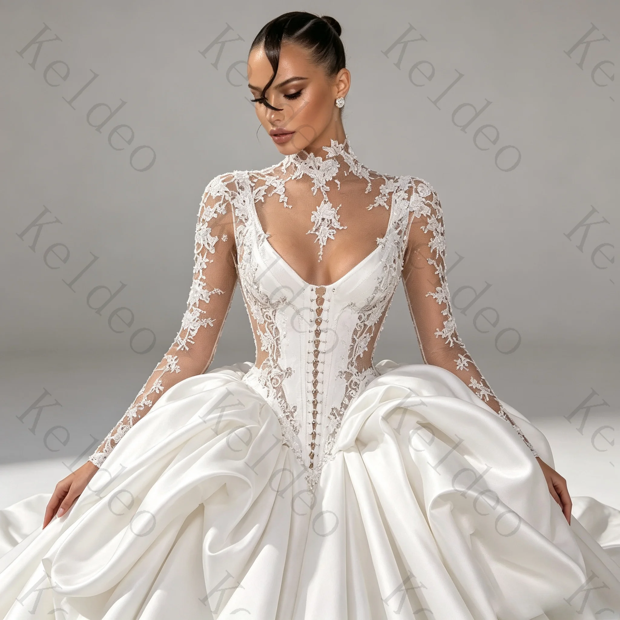 Customized Fashion High Neck A-line Long Sleeves Wedding Dresses Lace Applique Ruched Pleated Open Back Floor Length Bride Gowns