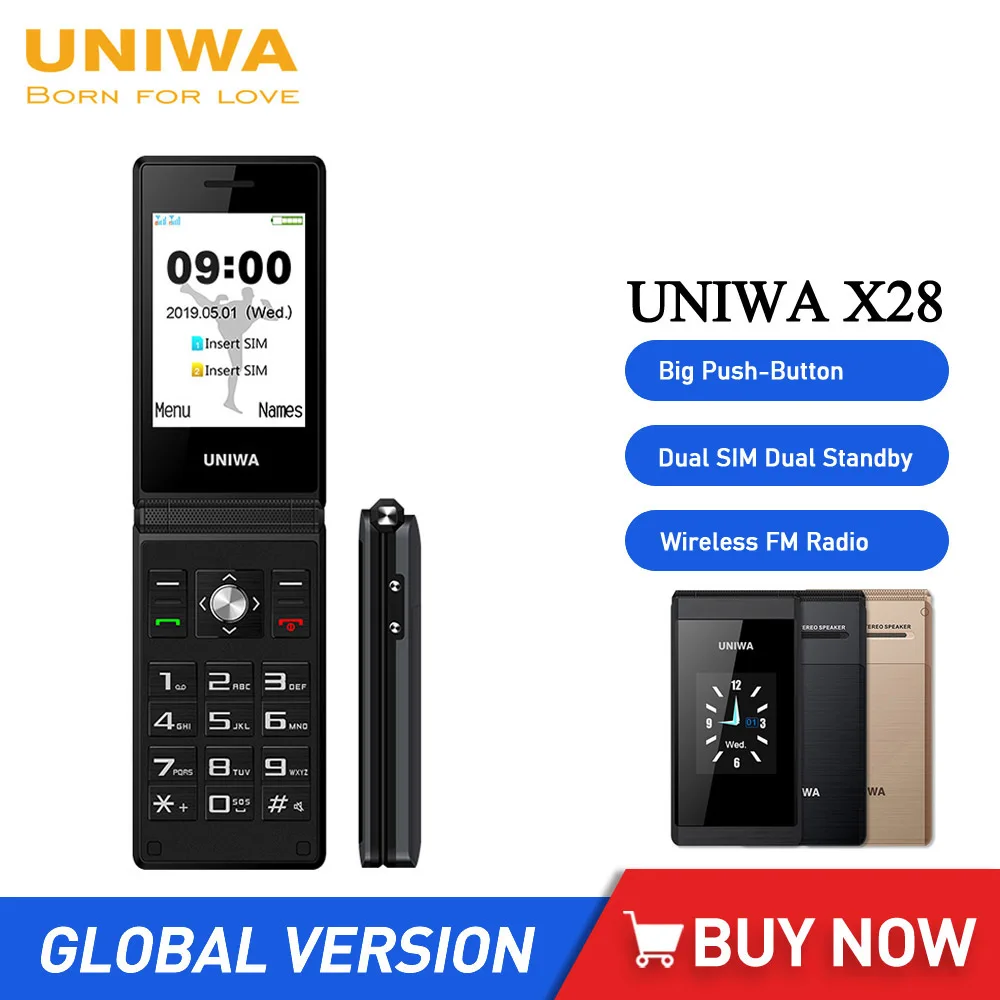 uniwa flip gsm telefone movel 28 touch screen telefone de botao grande para idosos desbloqueado dual sim espera dupla 01