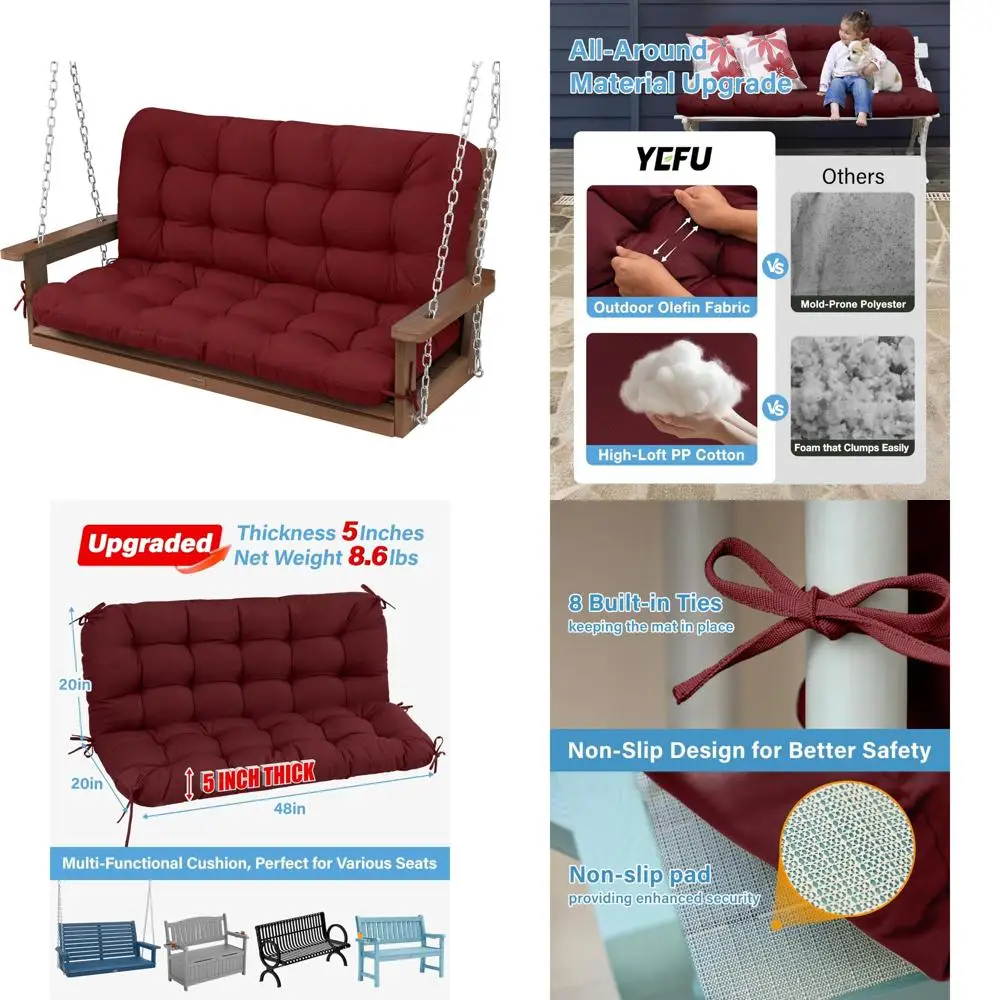 

48 double seat outdoor swing cushion with 5" padding and backrest - uv resistant, non-slip ties