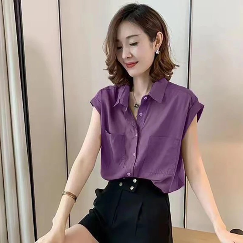 

Fashion Lapel Button Pockets Batwing Sleeve Shirts Women Clothing 2024 Summer New Loose Casual Solid Color Tops Commuter Blouses