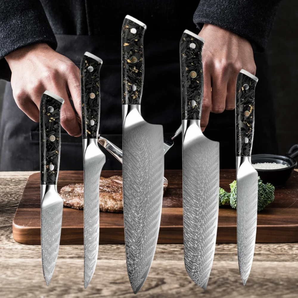 Damascus Knife Set VG10 67 Layers Forged Into Grain High Hardness Carbon Fiber Gold Leaf Resin Handle Chef Santoku Boning Knife