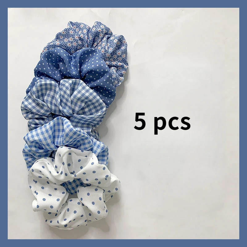 5Pcs/Set Simple Plaid Polka Dots Flowers Pattern Scrunchies Elastic Large Ponytail Holder Rubber Band Teen Girl Hair Accessories