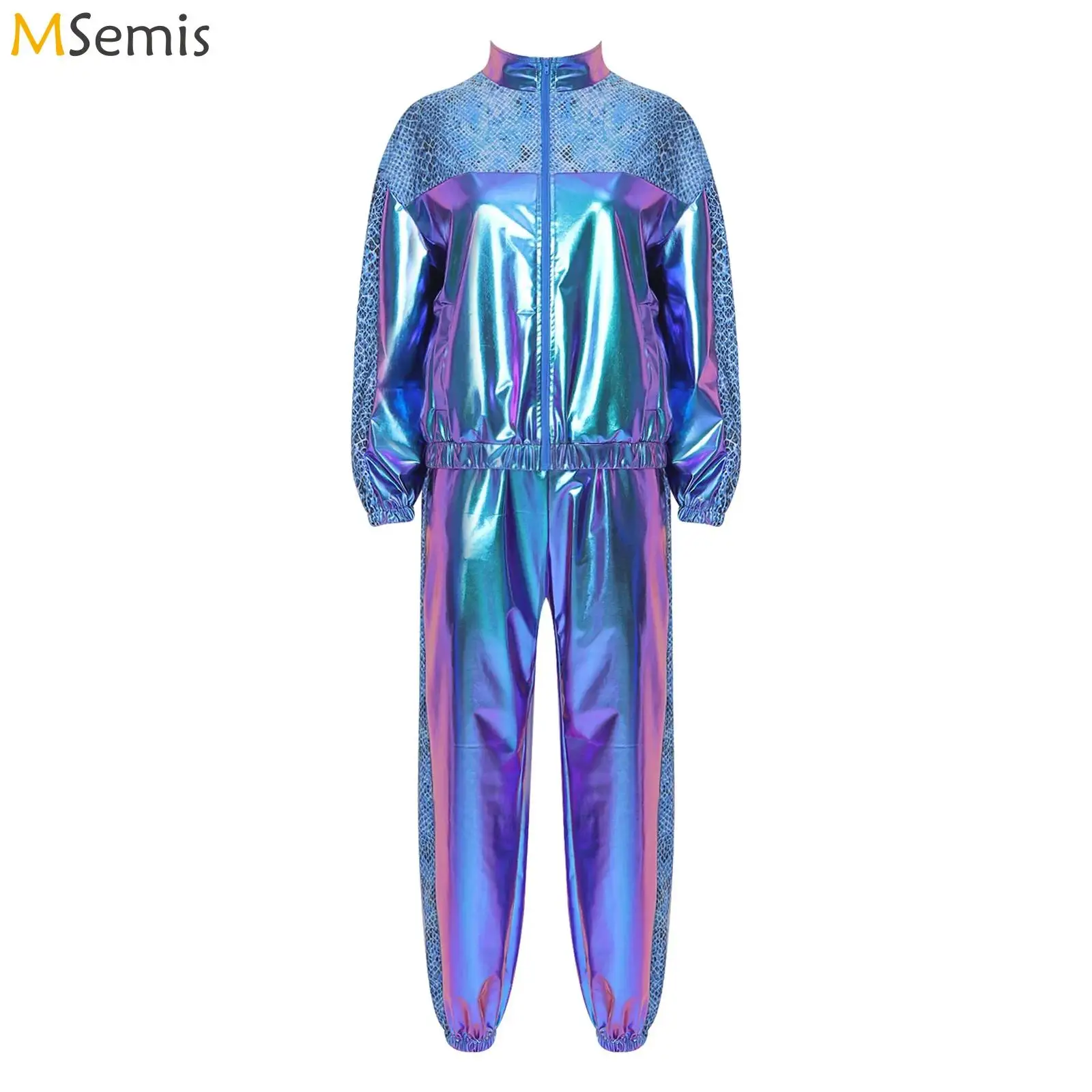 Womens Metallic Tracksuit 80s Disco Hip Hop Dancewear Leopard Print Jazz Dance Costume 2 Piece Zip Up Jacket Jogger Pants Set