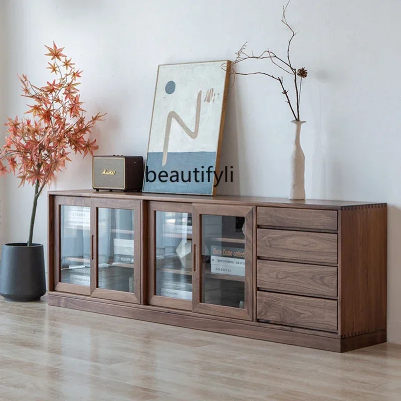 

V Black Walnut Floor Storage Cabinet Solid Wood Assembled Cabinet Book Dustproof Glass Low Cabinet Glass Sideboard