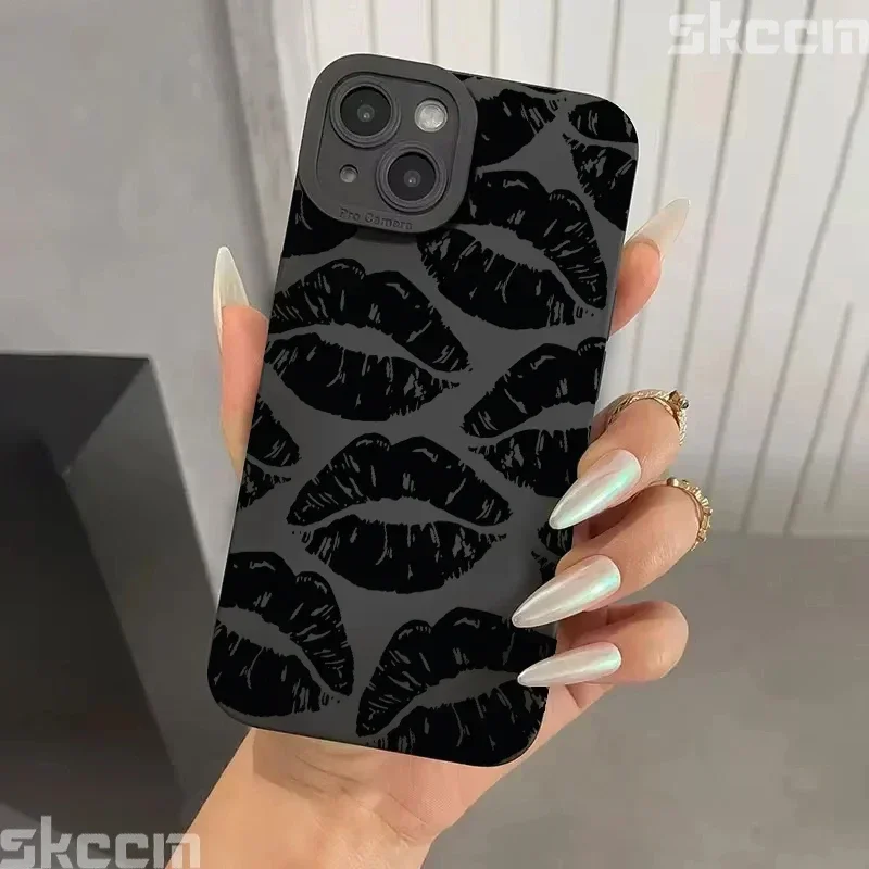 Black Lips Kiss Cell Phone Protective Case For iPhone 16 Pro Max 15 14 13 12 11 Pro Max 7 8 14 15 Plus X XS XR Matte Cover