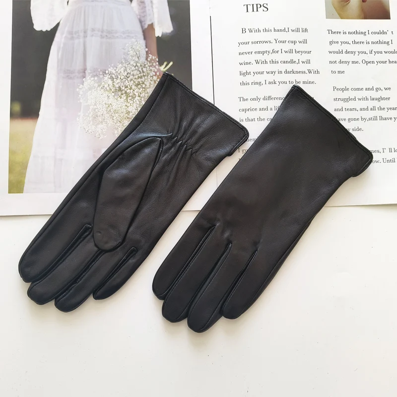 Bickmods New Women Black Fashion Touchable No Inside Straight Style Genuine Leather Sheepskin Thin Section Gloves