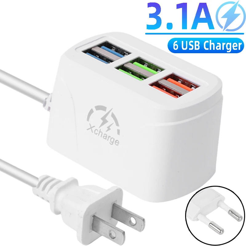 Multiports USB A Desktop Wall Charger Adapter Quick Charging 6 Ports USB Hub AC Power Adaptors Extend Socket Outlet EU/US Plug