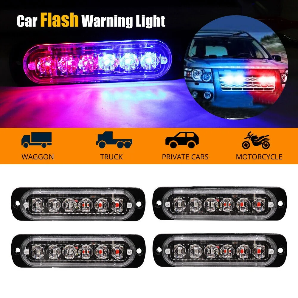 Baliza de emergencia para coche y camión, barra de luz estroboscópica de advertencia de peligro, Flash rojo y azul, 6LED, 4 unidades