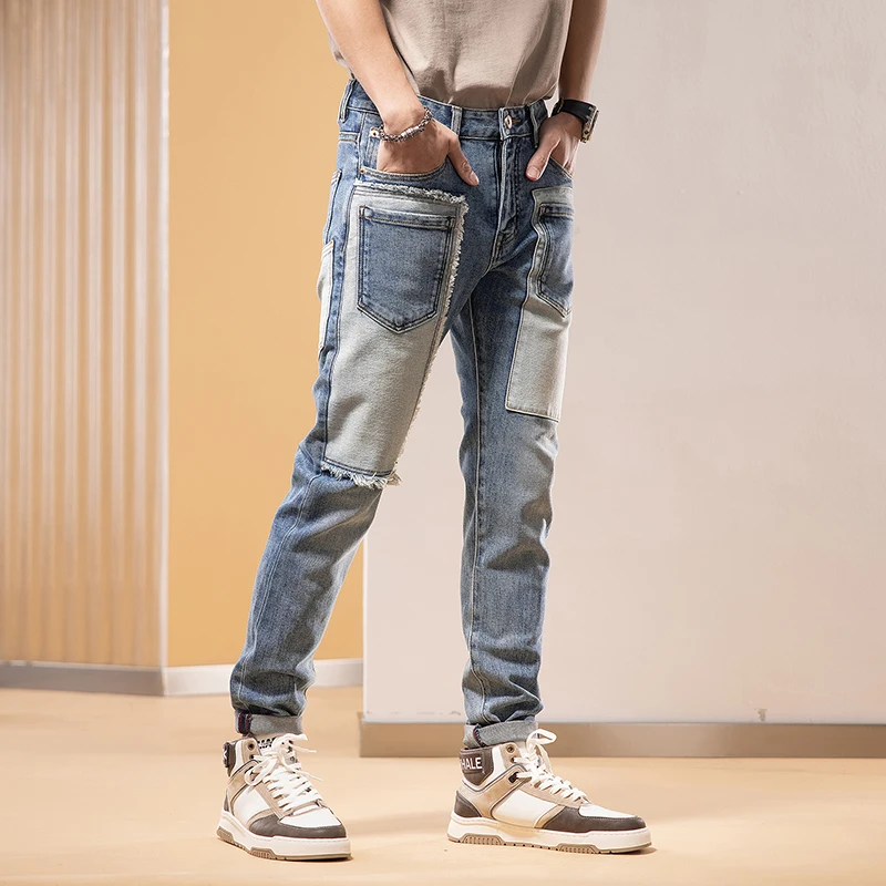 Y2KItalian style fashion new men's jeans stretch slim fit retro washed blue jeans straight leg pants hombre