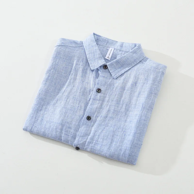 Summer Colored Linen Short-sleeved Shirt for Men, Loose and Breathable Solid-color High-end Shirt, Retro Square Neck Top Fashion