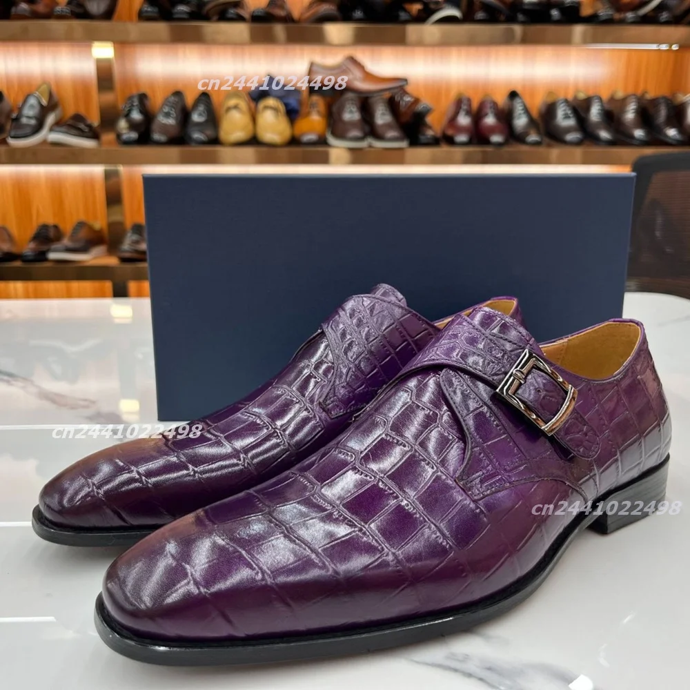 Multiple Colors Crocodile Patterned Dress Shoes, Metal Buckle Strap Decor Men's Oxford Closed Toe Shoes for Business Conference