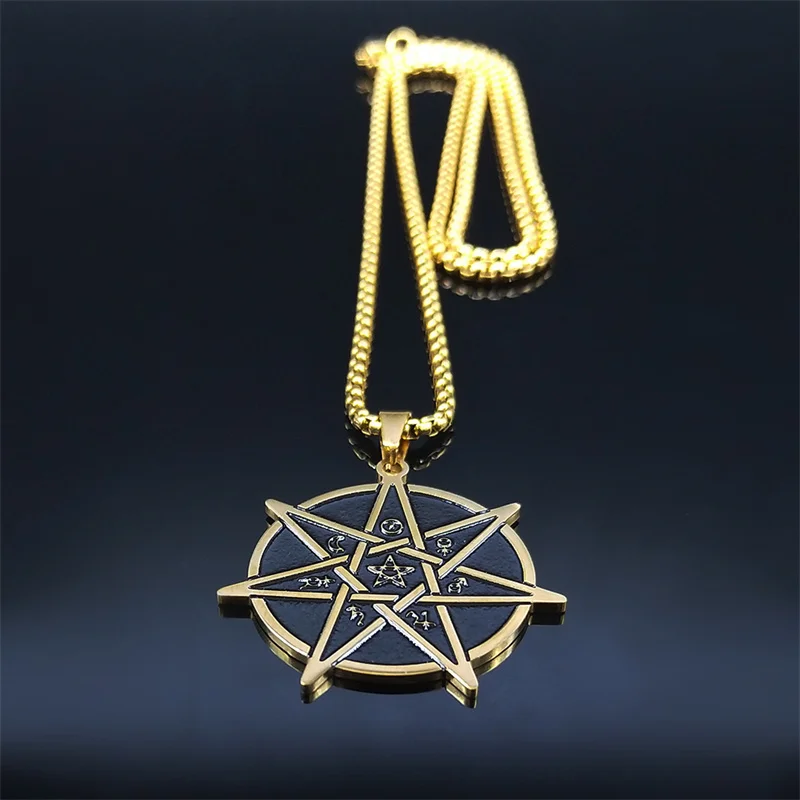 Witchcraft Astrology Stainless Steel Chain Necklaces 7 Point Star Gold Color Pendant Necklace Women/Men Jewelry acier N531S02