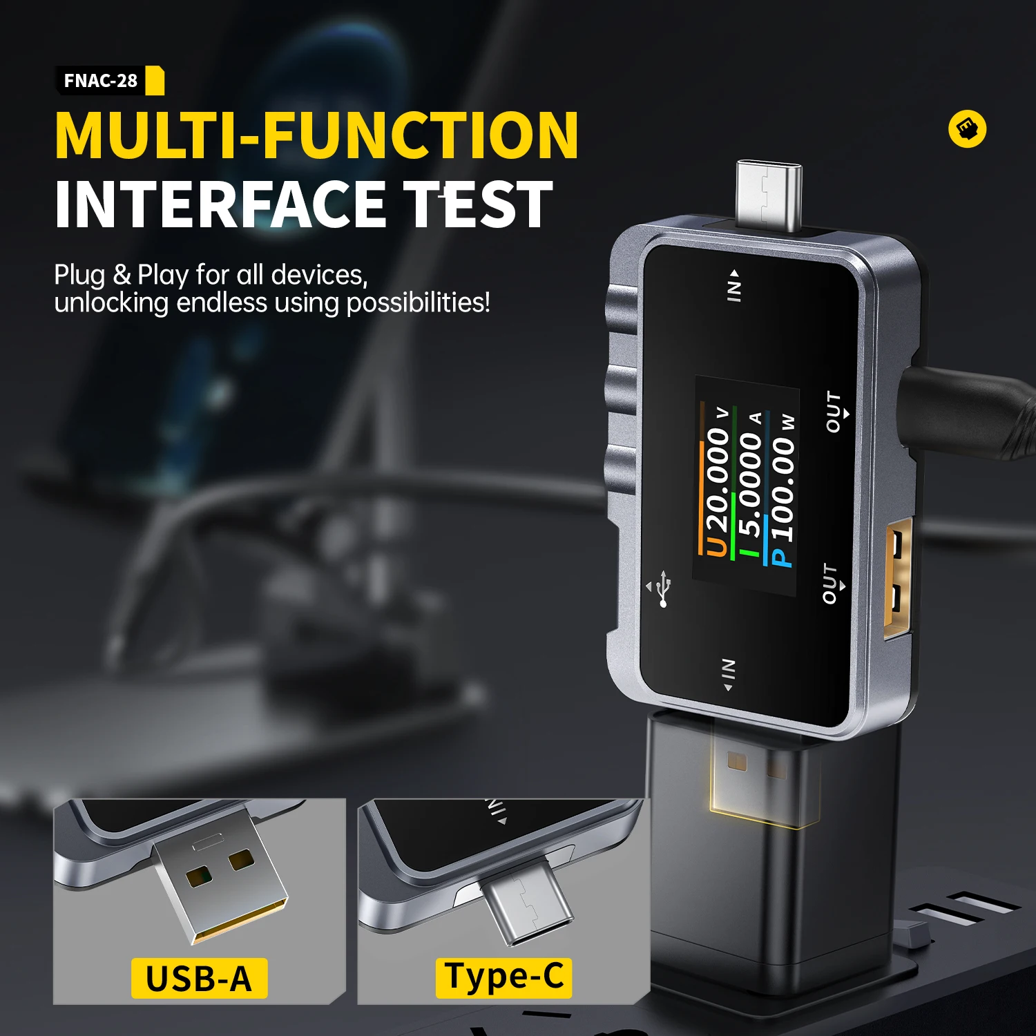 FNIRSI FNAC-28 2 IN 1 Portable Type-C USB Tester Digital Voltmeter Ammeter Amperimetor Voltage Current Meter for Charger Measure