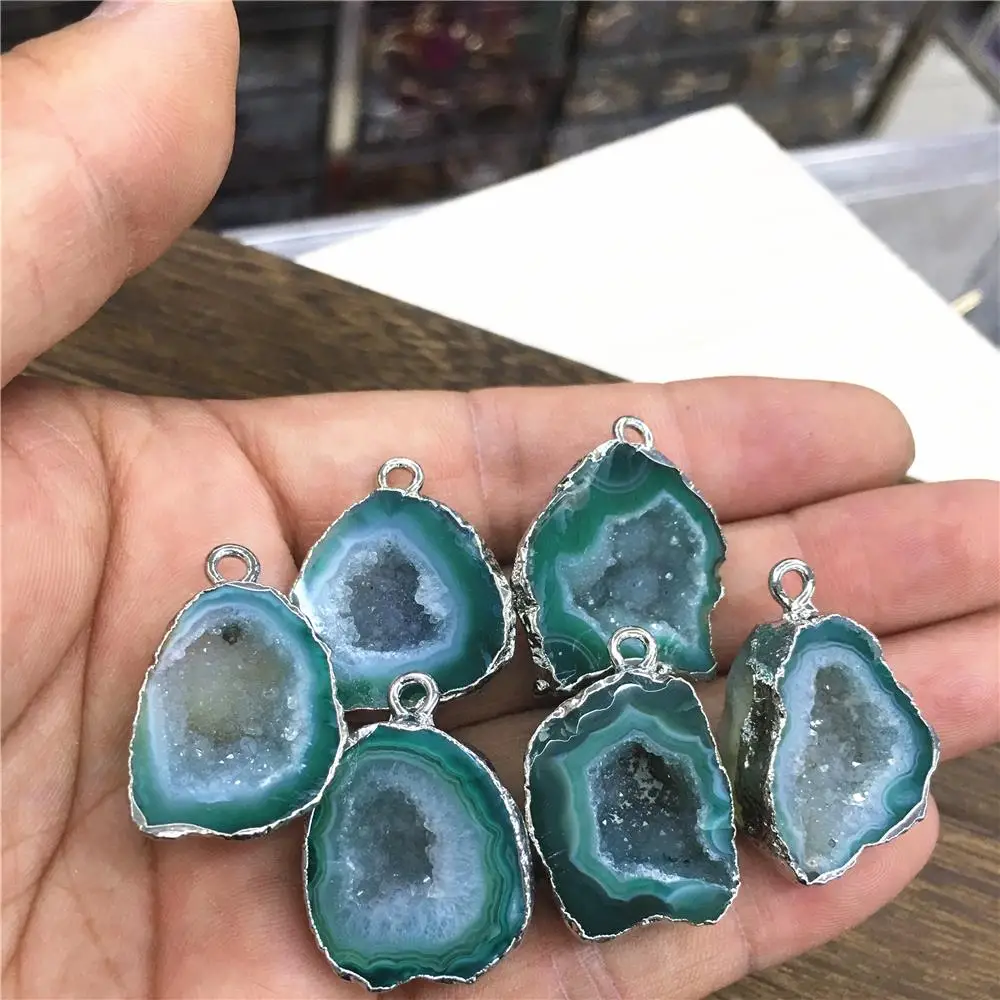 New Natural Stone Pendants&Necklace Brazilian Electroplated Platinums Edged Slice Open Blue Agates Geode Drusy Druzys Wholesale