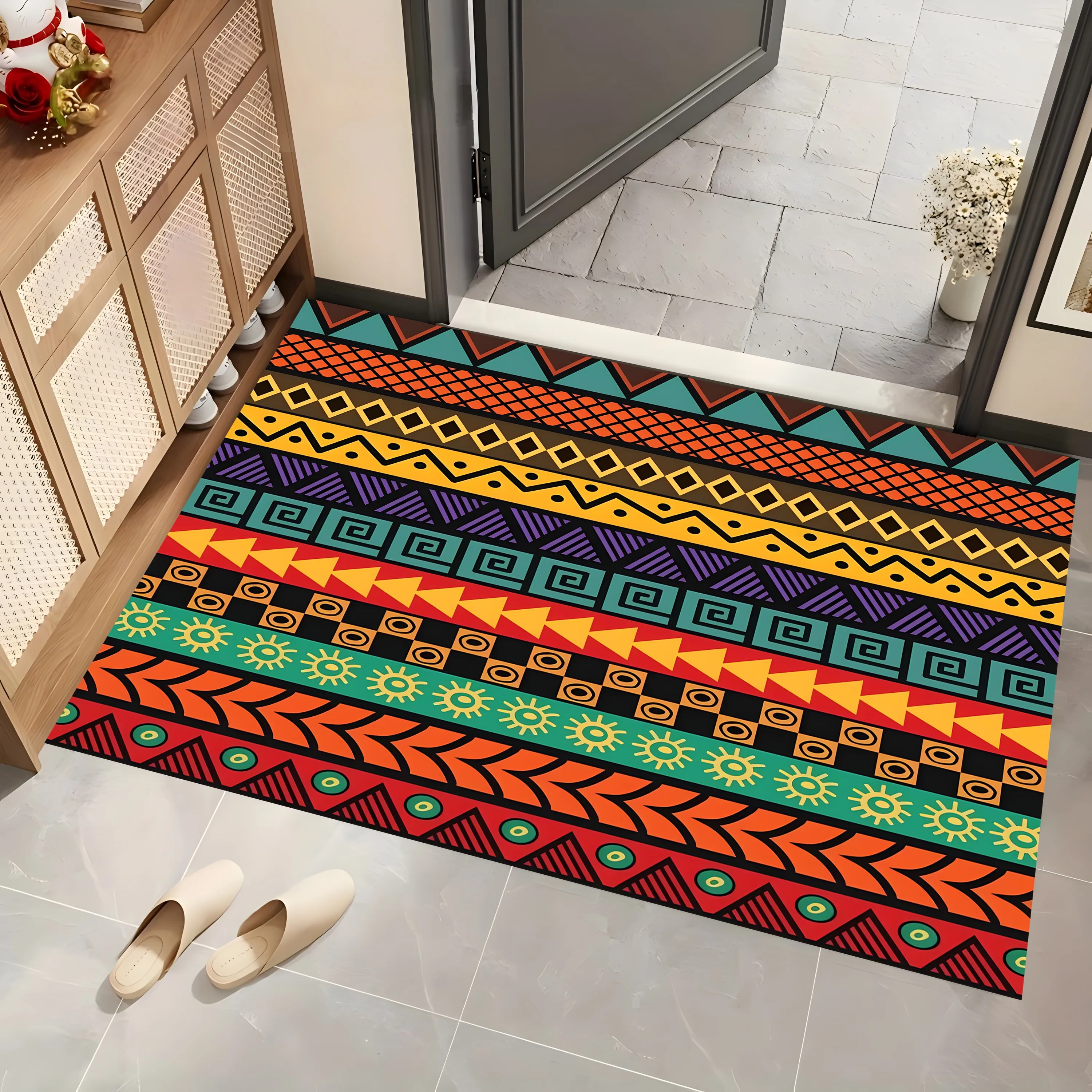 2D Carpet with Ethnic Geometric Stripe Pattern in Retro Bohemian Style for Living Room and Bedroom
