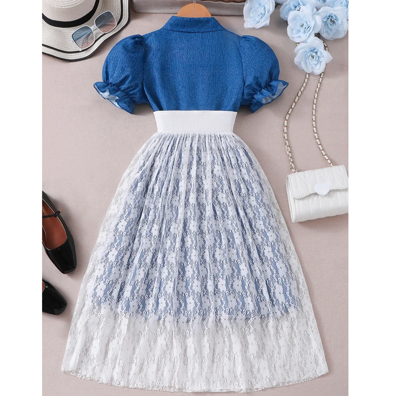New Summer Princess Dress Collar Design Lantern Sleeves Lace Casual Dress For Kids Children Birthday Present