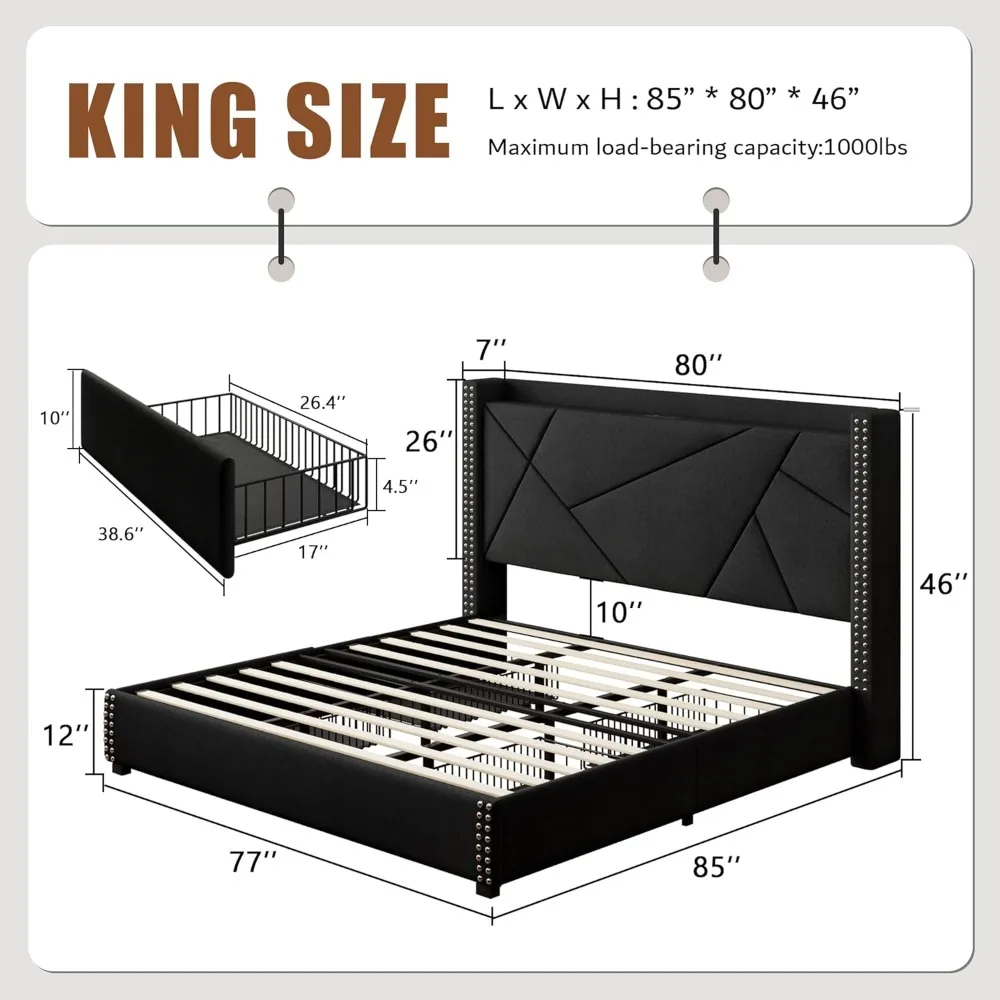 إطار سرير iPormis بحجم كينج مع 4 أدراج تخزين، وسرير منجد مع محطة شحن، ودعم شرائح خشبية صلبة،