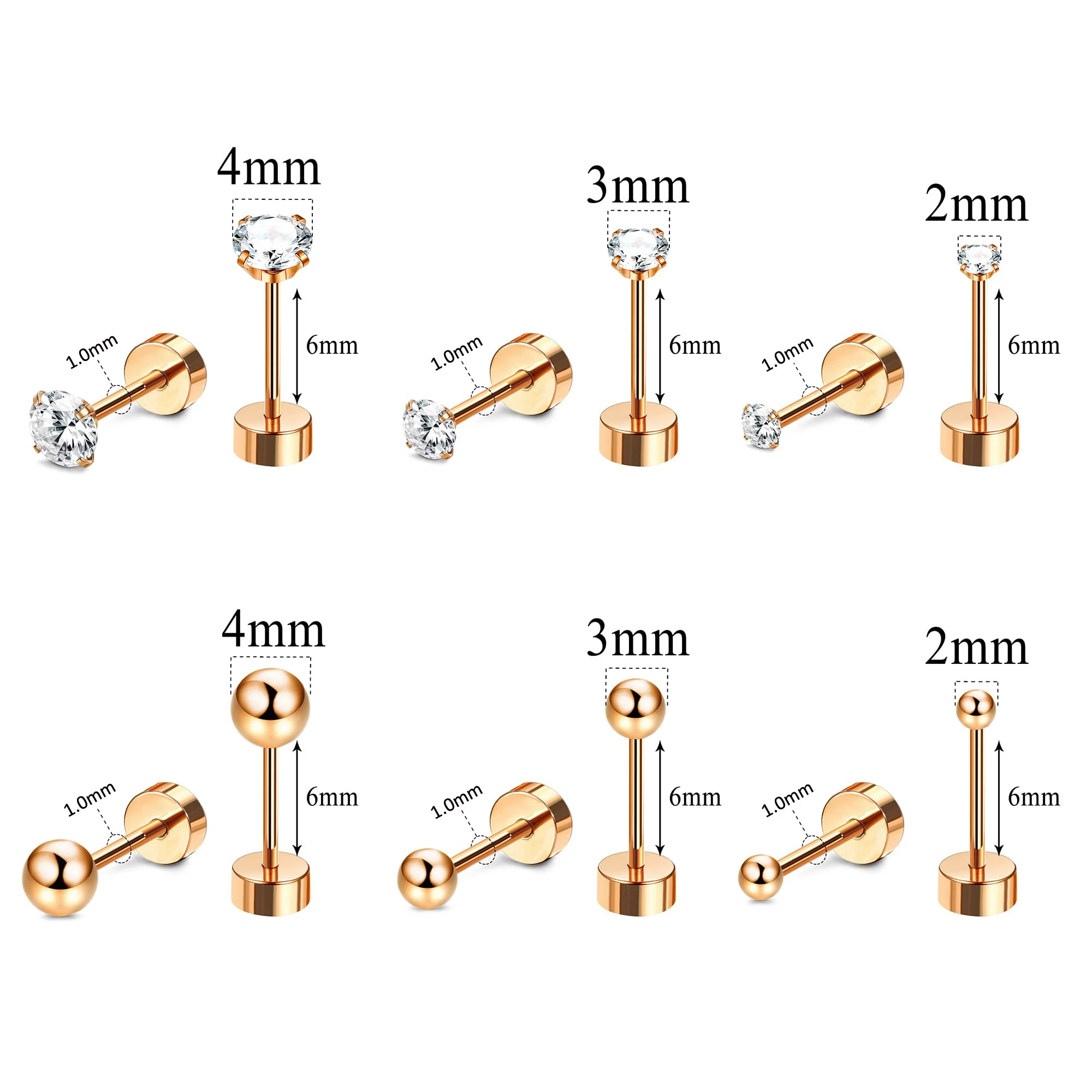 1/6Pairs Rosegold 18G Stainless Steel Small Tiny Cubic Zirconia Ball Flat Screw Back Cartilage Helix Stud Earrings for Women Men