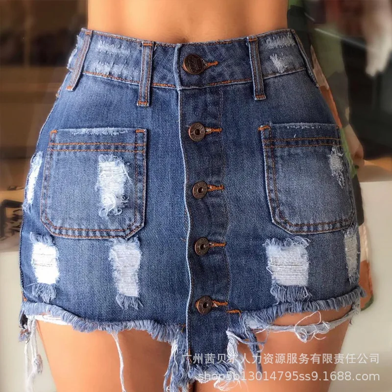 Women's Clothing New Single-Breasted Pocket Stitching Ripped Tight Denim Skirt Sexy Mini Skirt