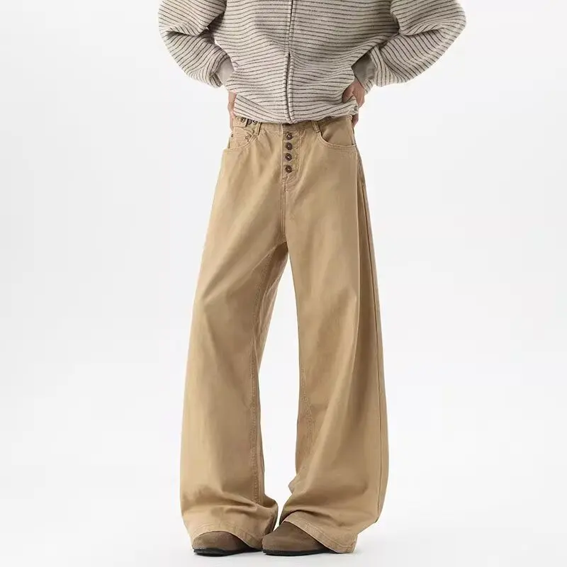 

2025 Ropa Y2K Fashion Button Fly Khaki Baggy Jeans Pants For Men Clothing Straight Casual Cotton Long Trousers Pantaloni Uomo