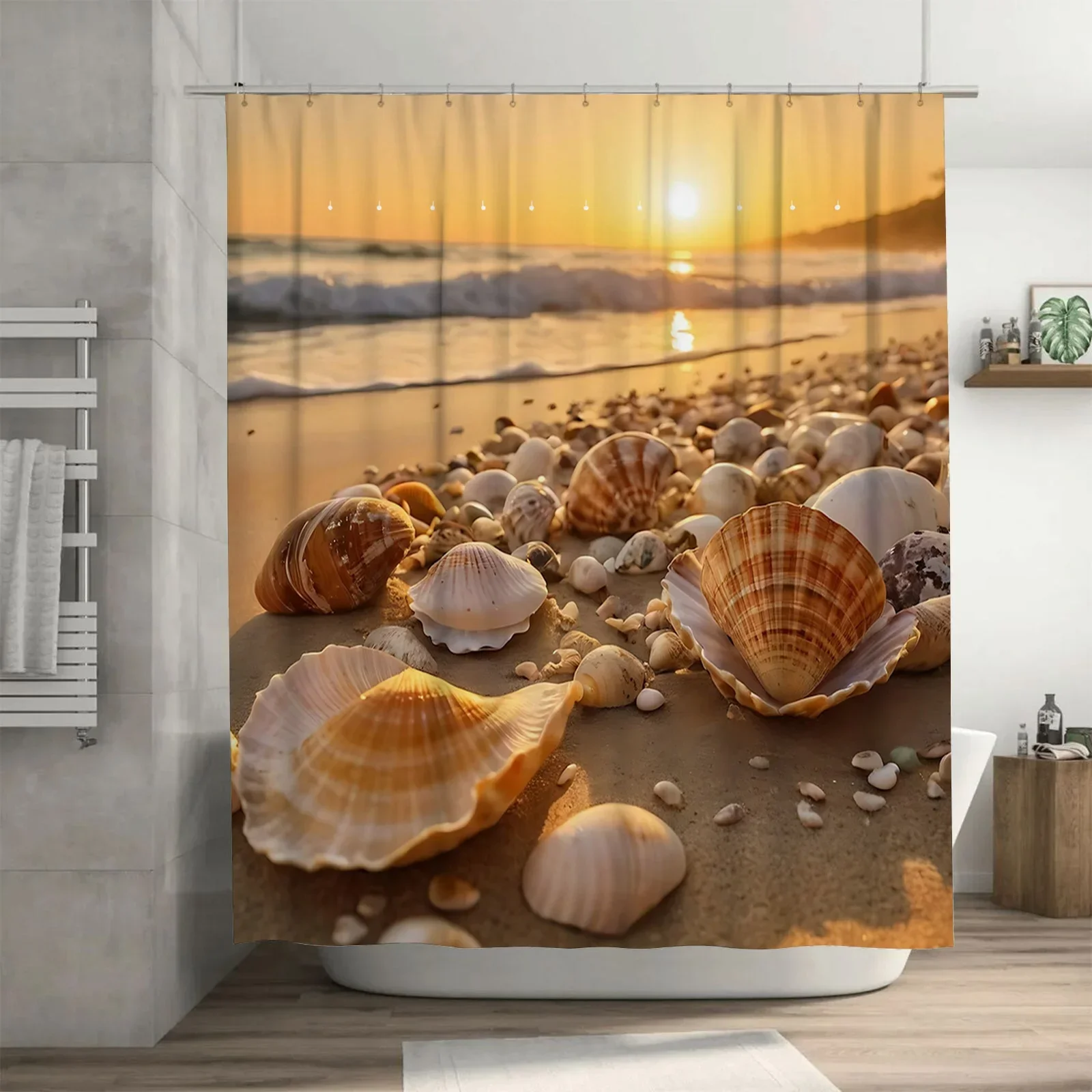 Sunset Seashell Beach Shower Curtain - Vibrant Coastal Design for a Waterproof and Unique Bathroom Décor