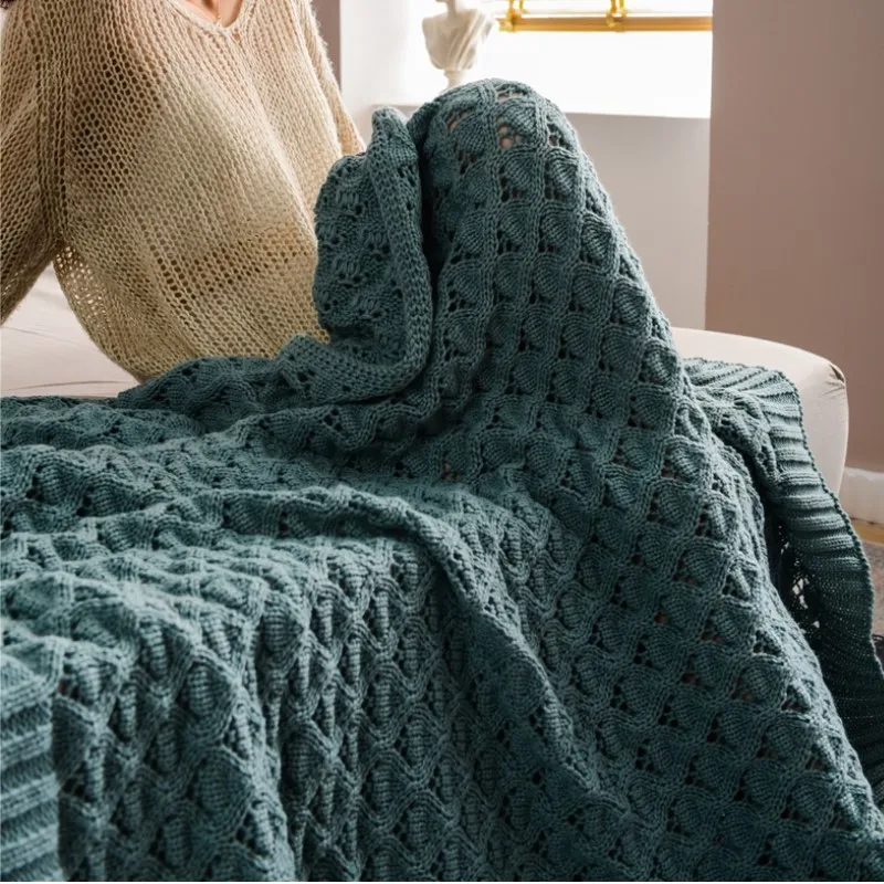 Inyahome Throw Blanket for Couch Water Green Versatile Knit Woven Cable Hollow Blanket for Chair Manta Para Sofá Home Decor