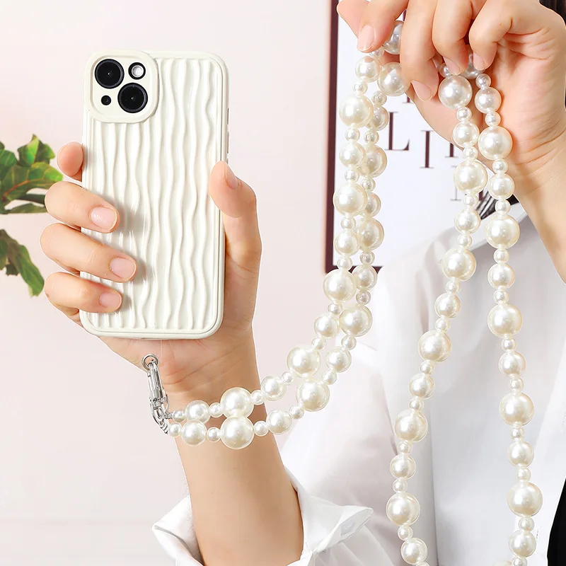 New ABS Pearl Crossbody Necklace Lanyard 120cm Bag Chain Fashion Ins Korea For iPhone 14Promax Bead Handmade With Slip Card