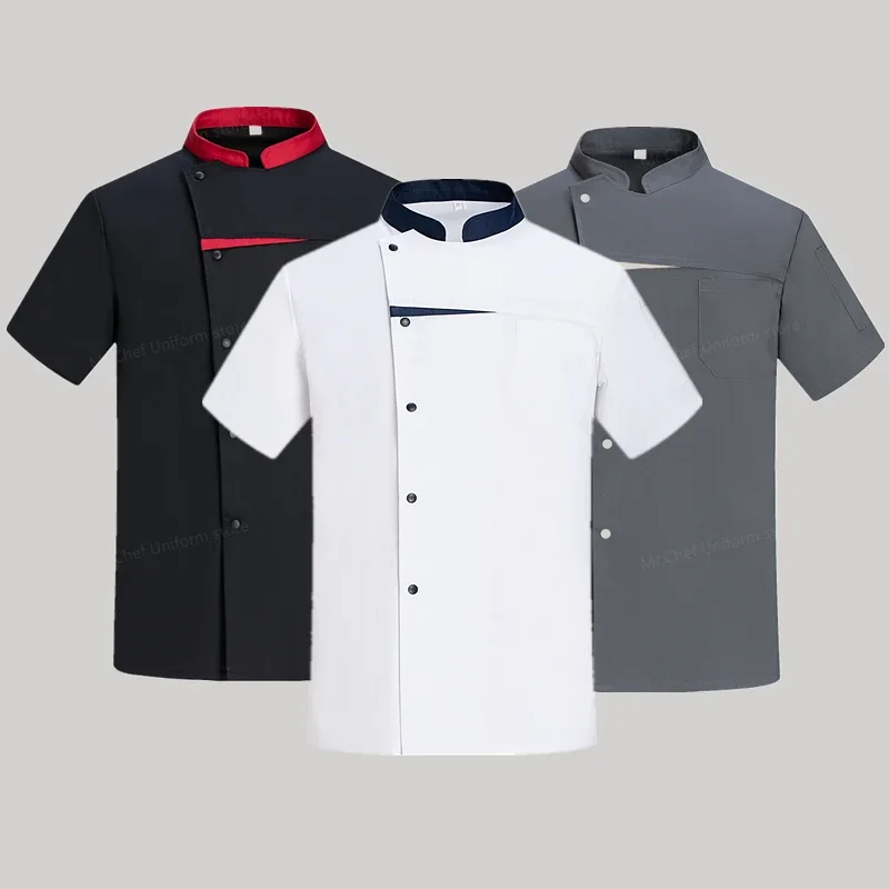 Men Restaurant Kitchen Chef coatChef short sleeve uniform Breathable Mesh Chef Jacket with apron black  women work clothes logo