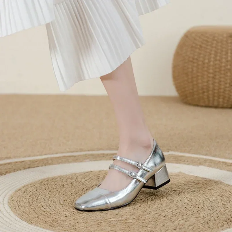 Women's Fashion Mary Janes Shoes Autumn Sliver Leather Buckle Mid-heels Dress Shoes Women Square Toe Shallow Chunky Heels Shoes image 3