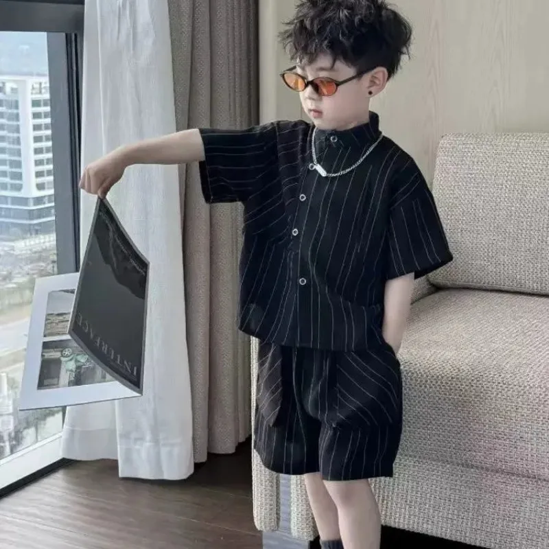 Boys summer outfit 2026 new children's striped short sleeved shirt+shorts 2-piece set