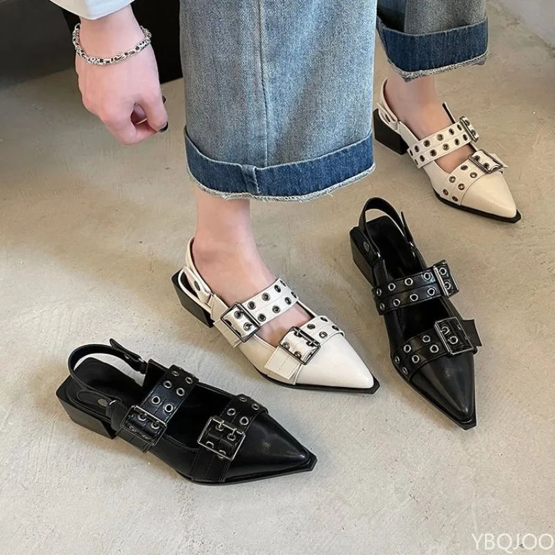 

Летние новые элегантные простые неглубокие женские туфли большого размера, модные универсальные женские туфли с острым носком и пряжкой на толстом каблуке