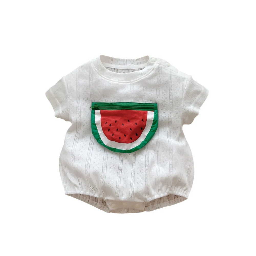 2023 Summer New In Newborn Kids Boys Girls Short Sleeve Patch Watermelon Ventilate One-piece Infant Baby 100% Cotton Bodysuits