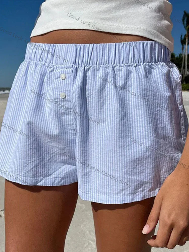 2025 Women's Striped Print Casual Elastic Waist Shorts Fashion Button Detail Streetwear Chic Y2K Loose Fit Basic Summer Shorts