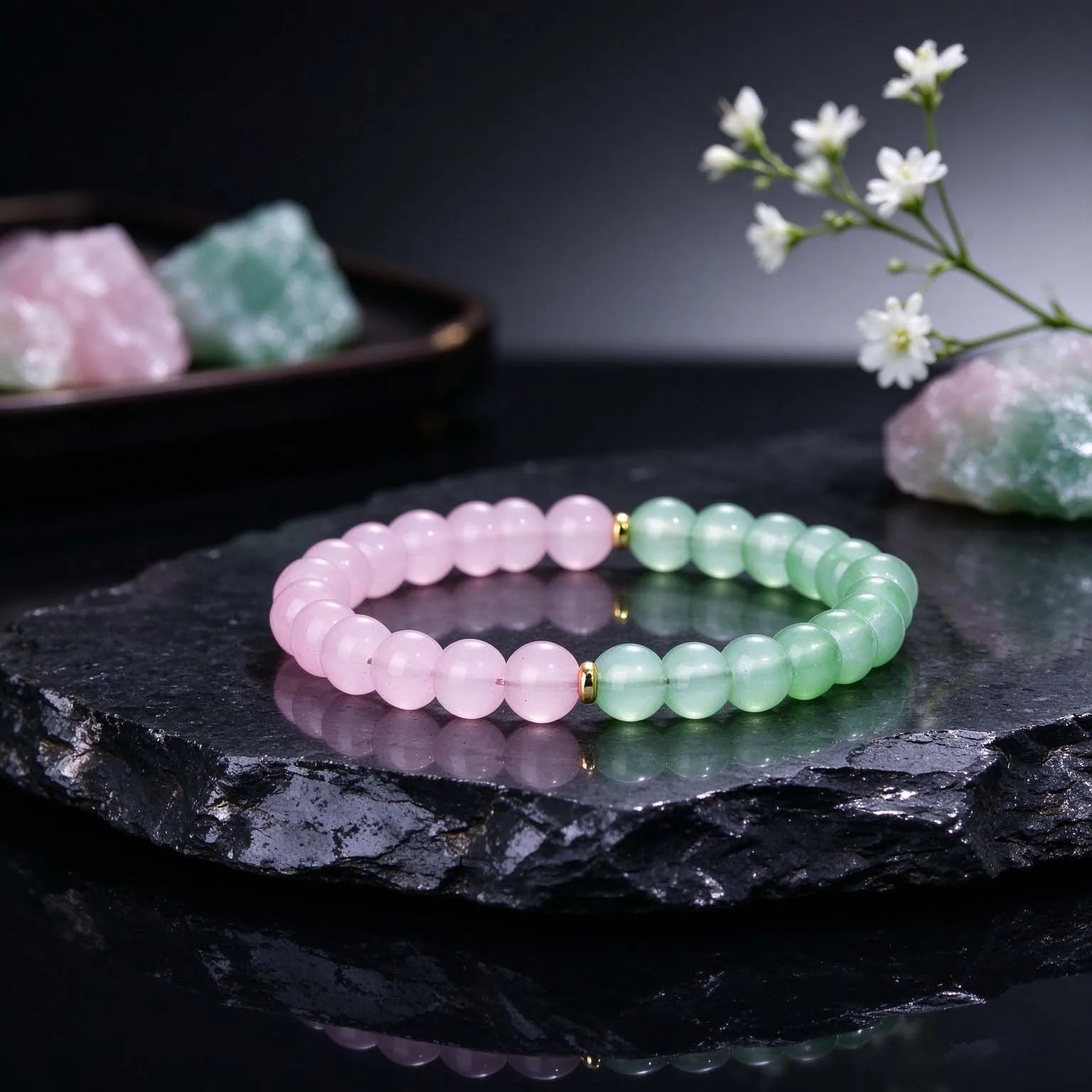 Pink green dual tone natural stone elastic bead bracelet,accompanying women's body and mind to soothe jewelry,daily wearing gift
