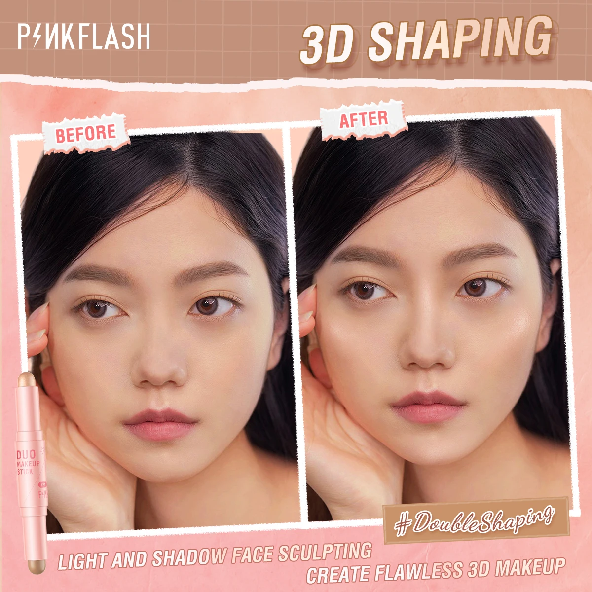 PINKFLASH Double Head Face Concealer Pen Waterproof Foundation Creamy Texture Highlighter Blusher Contour Stick Makeup Cosmetics