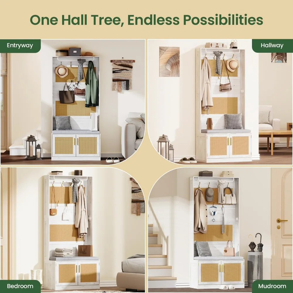 مقعد المدخل مع مساحة تخزين الأحذية، رف المعاطف، مقعد مبطن، 7 خطافات، رف قابل للتعديل - حل تخزين شجرة القاعة الواسعة 31.5 #6