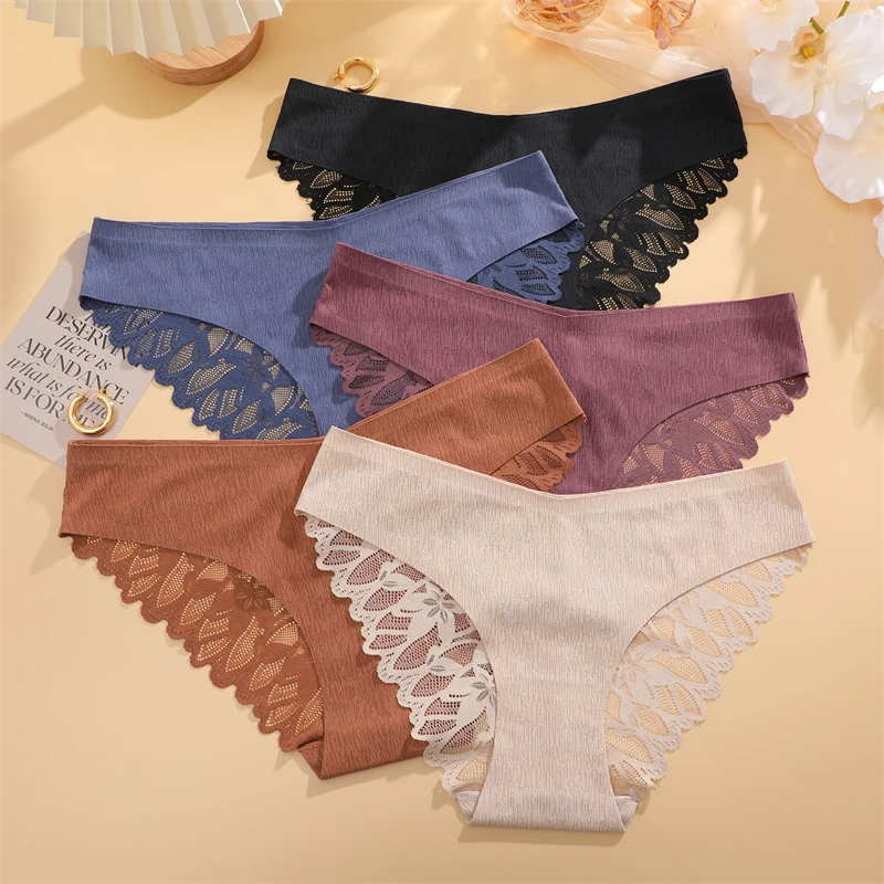 FINETOO 3Pcs Seamless Ultra-thin Underwear Women Lace Patchwork Briefs Sexy Hollow Out Comfortable Panties Solid Sports Lingerie