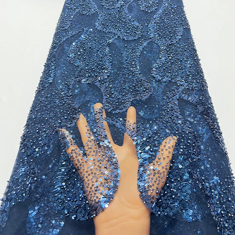 French luxurious lace mesh fabric, high-quality African beaded pearl flower sequin embroidery fabric, lace trim fabric